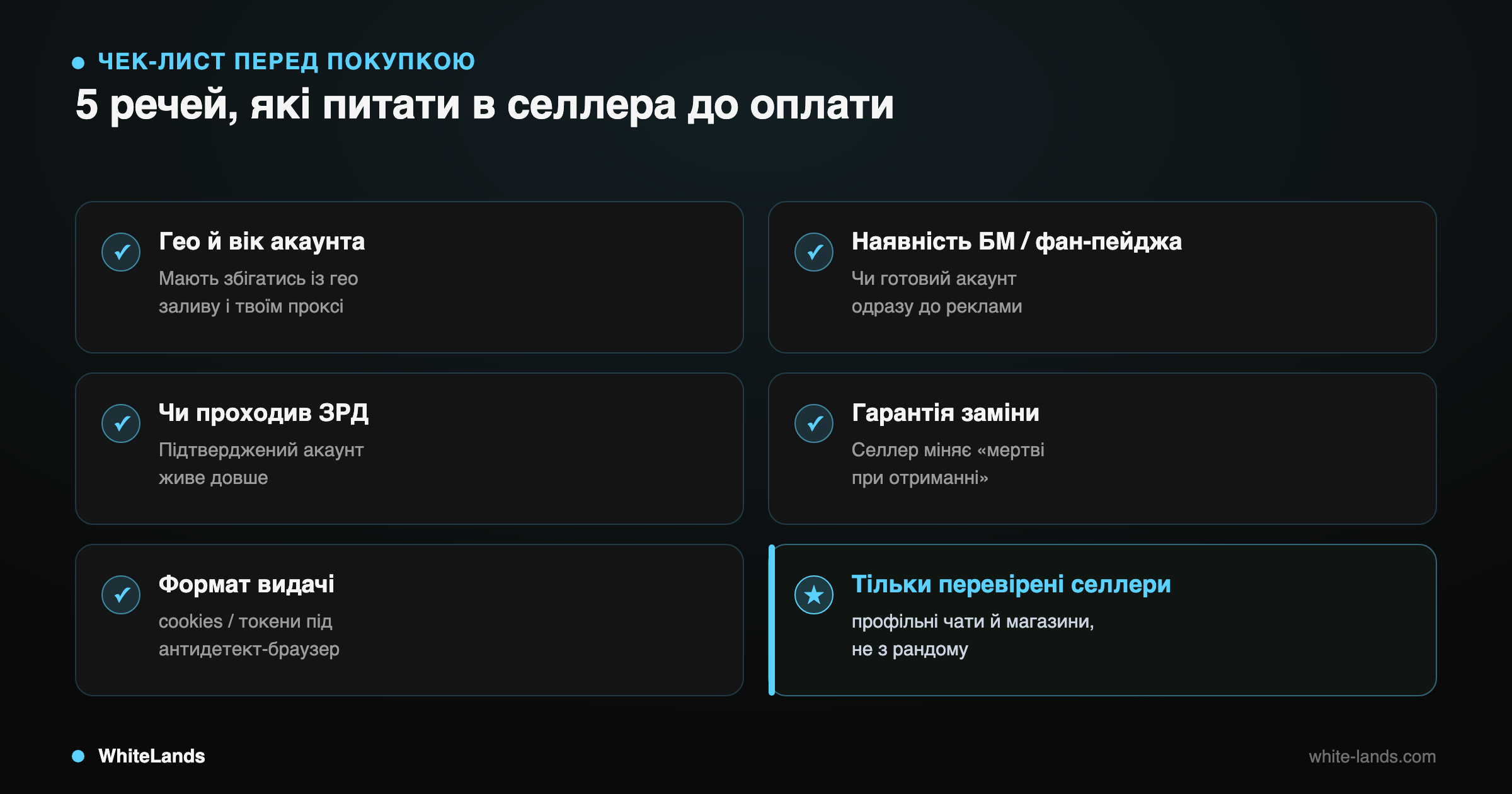 Сітка-чеклист із 5 перевірок акаунта перед покупкою плюс правило брати лише у перевірених селлерів.