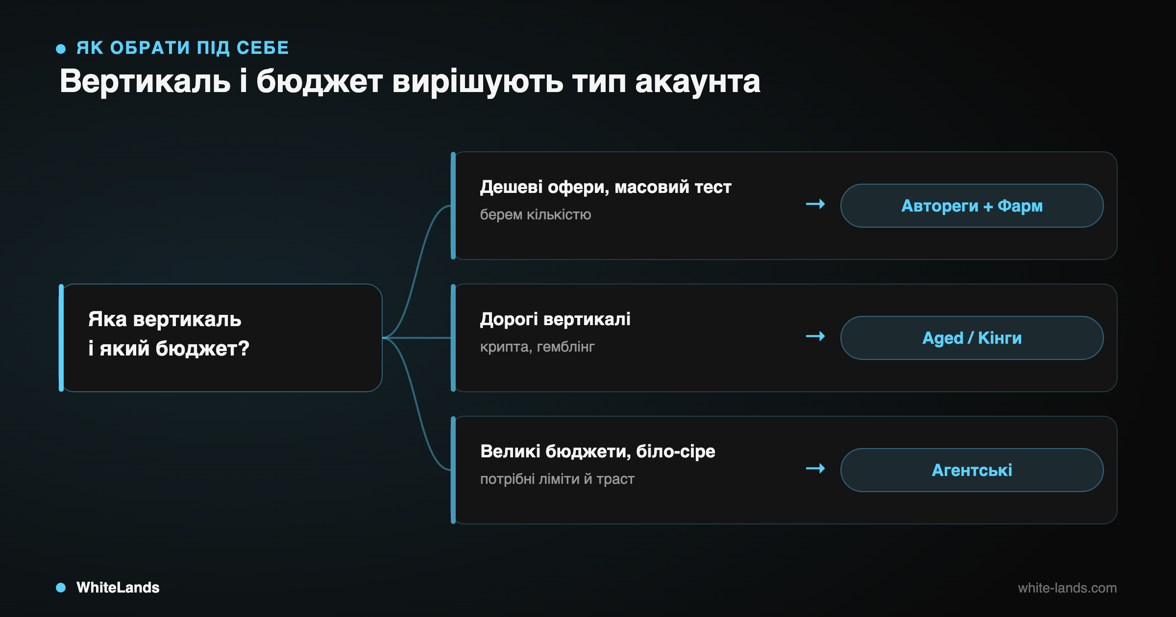 Дерево рішень від вертикалі й бюджету до типу акаунта: автореги-фарм, aged-кінги або агентські.