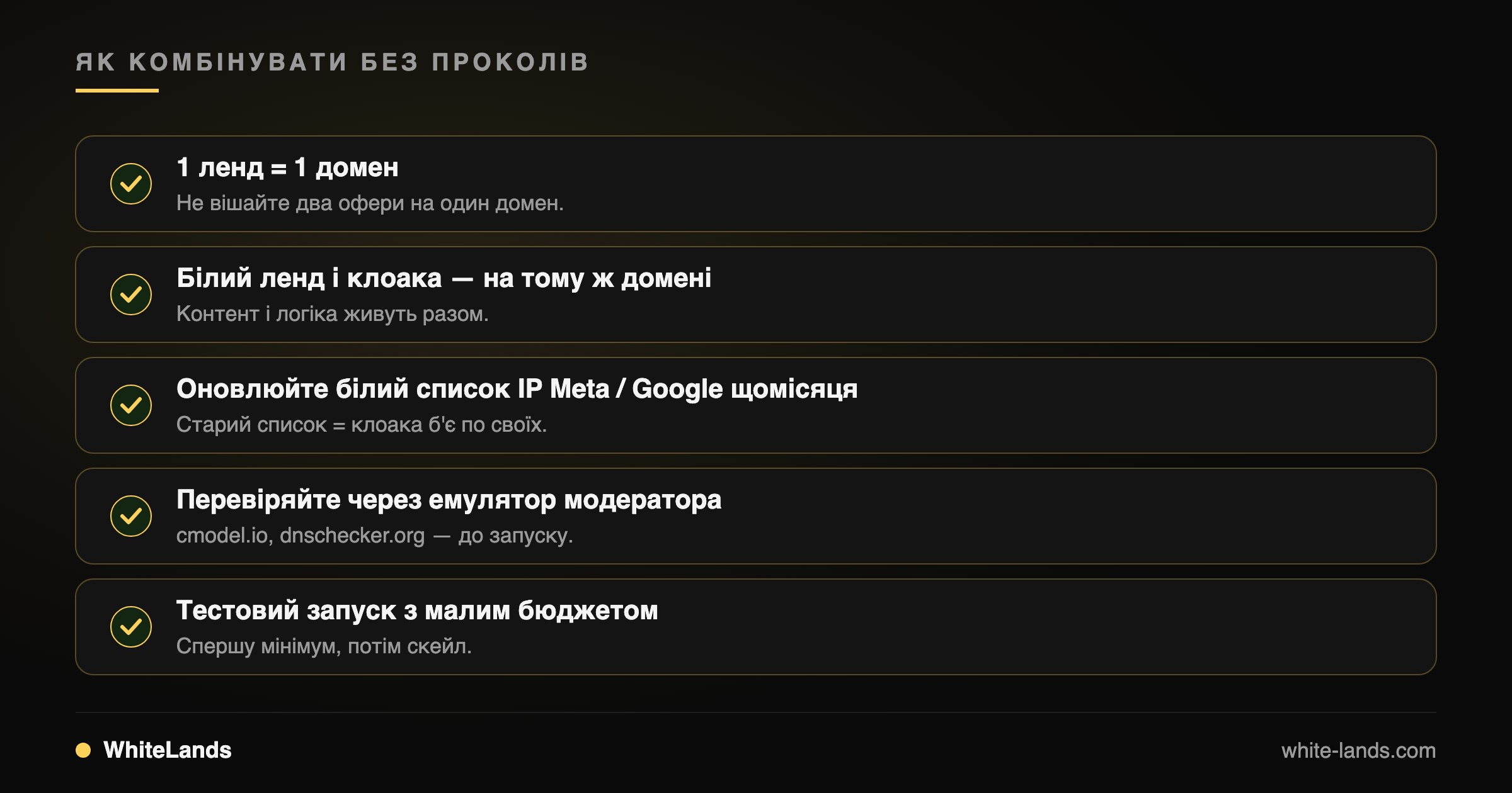 Чек-лист безпечної зв'язки: один домен на ленд, білий ленд і клоака разом, свіжий IP-білсписок, емулятор модератора та тест на малому бюджеті.