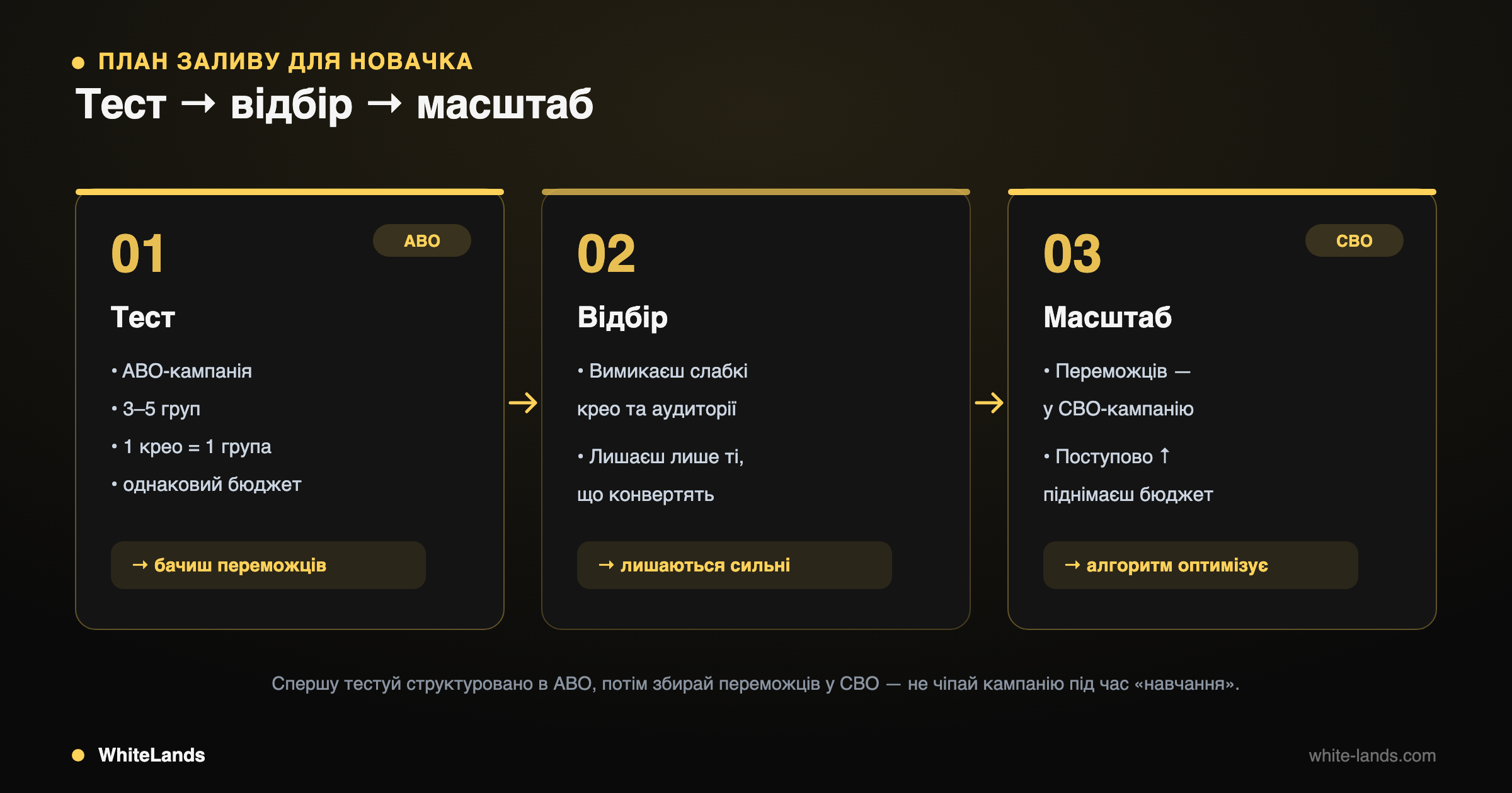 Три пронумеровані кроки: 01 Тест в ABO, 02 Відбір слабких, 03 Масштаб переможців у CBO.